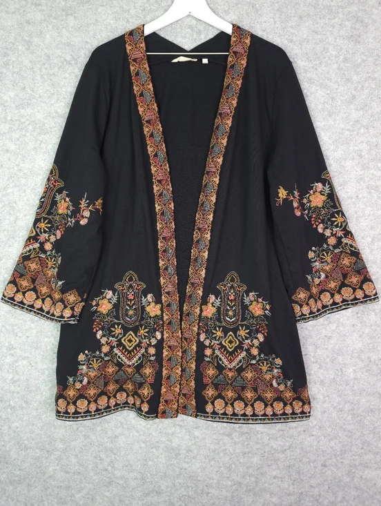 Soft Surroundings Fiberworks Black Open-Front Embroidered Kimono Cardigan - Picture 1 of 8
